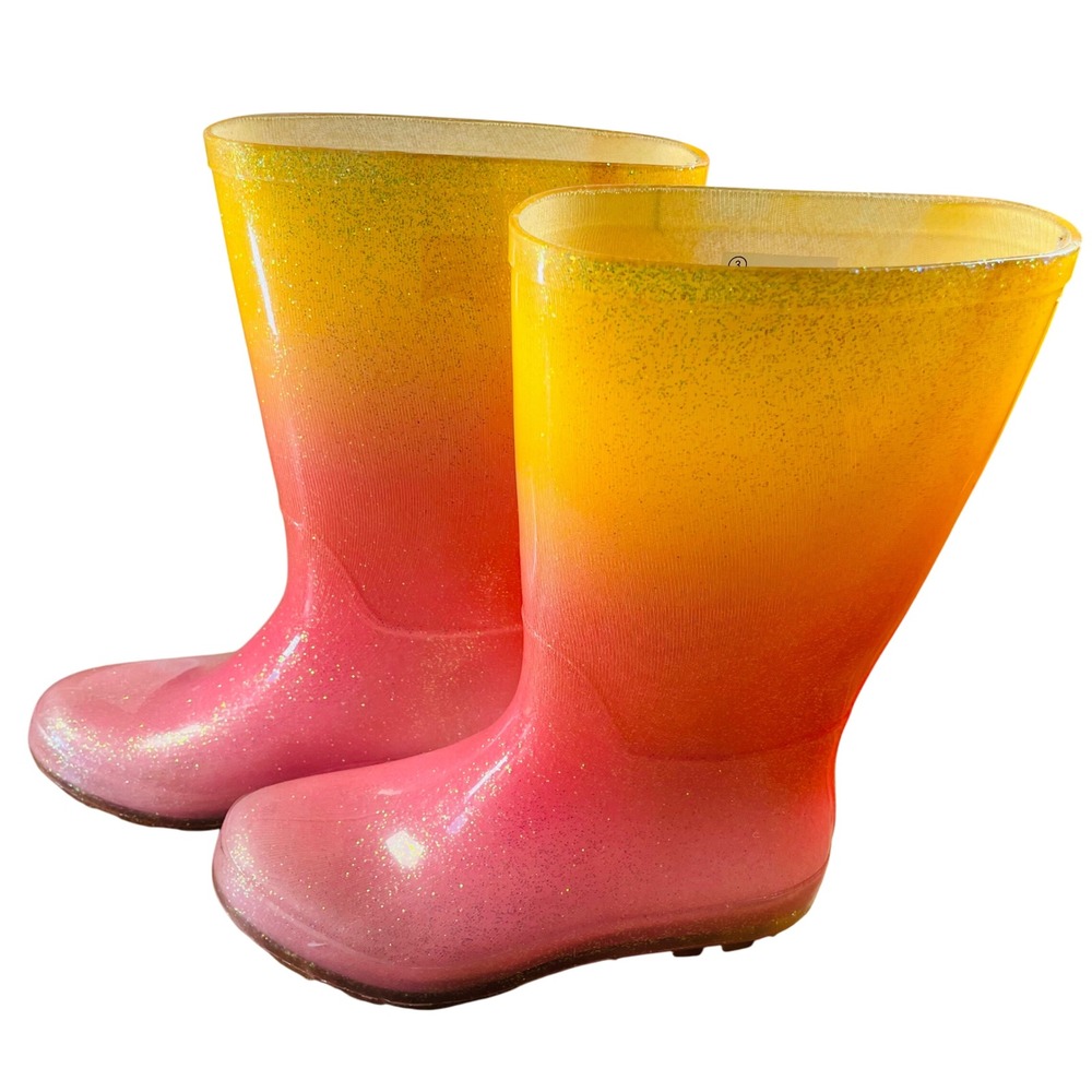 Kids Ombre Glitter Rain Boots Pink Orange Rainbow Size 3‎ Tall Waterproof Play